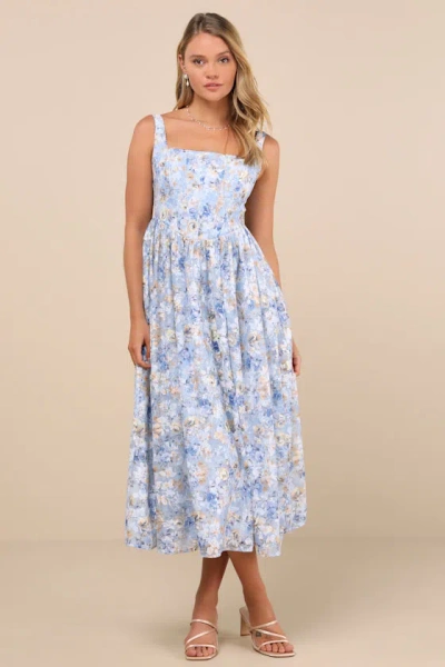 Lulus Colwyn Blue Floral Basque Waist Bustier Midi Skirt
