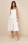 Lulus Com-pleat-ly Charming Ivory Organza Tiered Strapless Midi Dress In Ivory