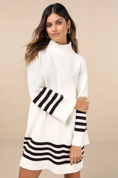 Lulus Comfiest Cutie Ivory Striped Mock Neck Mini Sweater Dress