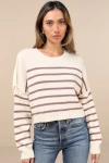 Lulus Comfortable Cuteness Cream And Mauve Striped Cropped Sweater In Mauve