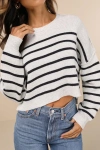 Lulus Comfortable Cuteness Grey And Black Striped Cropped Sweater In Grey And Black