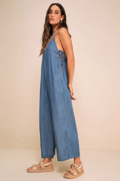 Lulus Comfortably Posh Medium Wash Chambray Wide-leg Jumpsuit In Blue