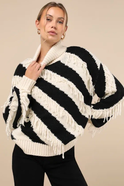 Lulus Comfy Concept Ivory And Black Striped Fringe Sweater