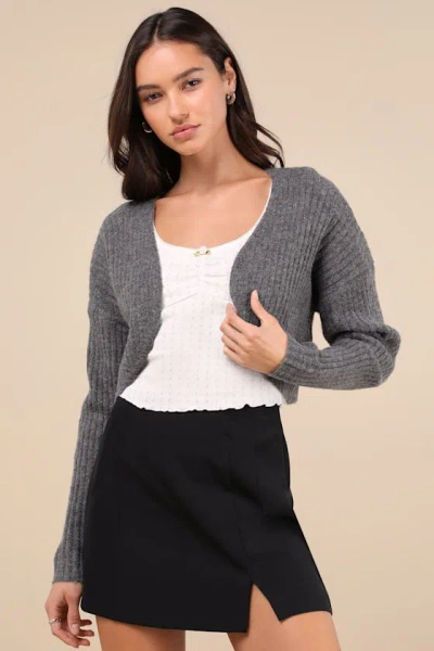 Lulus Comfy Cuteness Grey Heathered Ribbed Knit Shrug Cardigan