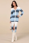 Lulus Comfy Darling Blue Striped Button-up Midi Sweater Dress In Blue