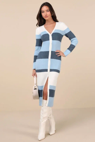 Lulus Comfy Darling Blue Striped Button-up Midi Sweater Dress
