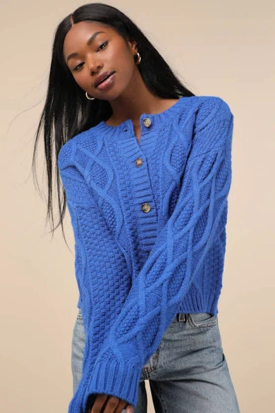 Lulus Comfy Discovery Blue Cable Knit Button-up Cardigan Sweater