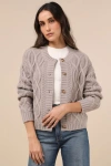 Lulus Comfy Discovery Taupe Cable Knit Button-up Cardigan Sweater In Taupe