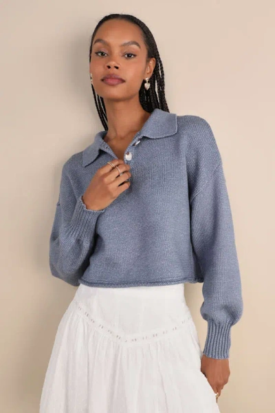 Lulus Comfy Ideal Heather Blue Collared Cropped Pullover Sweater