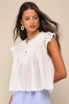 Lulus Compelling Babe Ivory Cotton Raw Hem Ruffled Flutter Sleeve Top In Ivory