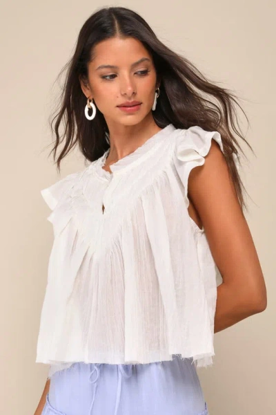 Lulus Compelling Babe Ivory Cotton Raw Hem Ruffled Flutter Sleeve Top