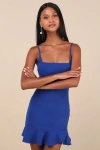 Lulus Compelling Composure Blue Sleeveless Ruffled Bodycon Mini Dress In Blue