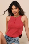 Lulus Compelling Cutie Washed Red Ribbed Knit Tank Top