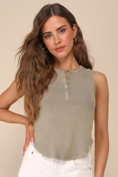 Lulus Compelling Cutie Washed Sage Green Ribbed Knit Tank Top