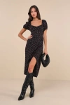 Lulus Compelling Flirt Black Floral Lace-up Puff Sleeve Midi Dress In Black