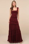 Lulus Compelling Romantic Burgundy Ruffled Tiered Maxi Dress In Burgundy