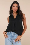 Lulus Compelling Simplicity Black Satin V-neck Tank Top In Black