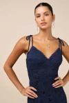 Lulus Compelling Sweetness Navy Blue Lace Tie-strap Midi Dress In Navy Blue