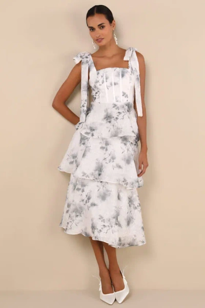Lulus Compellingly Gorgeous Ivory Floral Tiered Tie-strap Midi Dress