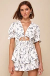 Lulus Complete Babe Ivory Floral Textured Tiered Smocked Cutout Romper In Ivory