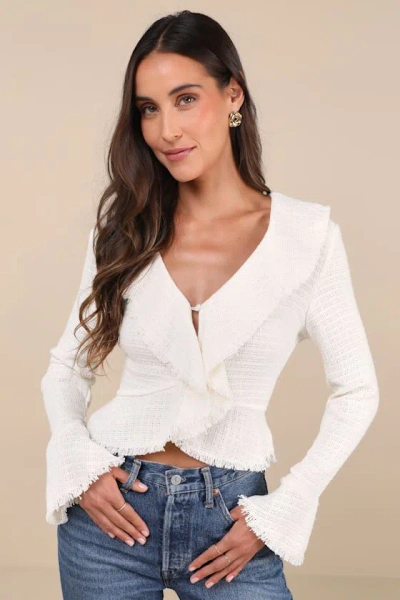 Lulus Complete Sophisticate Ivory Tweed Sheer V-neck Long Sleeve Top