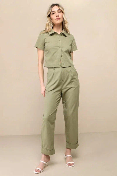 Lulus Complete Vibe Olive Green Cotton High-rise Straight Leg Pants