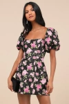 Lulus Completely Beloved Black Floral Off-the-shoulder Mini Dress In Black