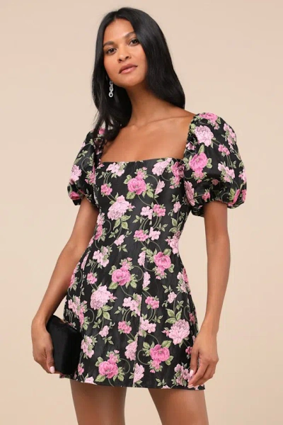 Lulus Completely Beloved Black Floral Off-the-shoulder Mini Dress