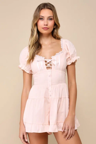 Lulus Completely Precious Blush Lace-up Puff Sleeve Corset Romper In Pink