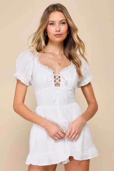 Lulus Completely Precious White Lace-up Puff Sleeve Corset Romper