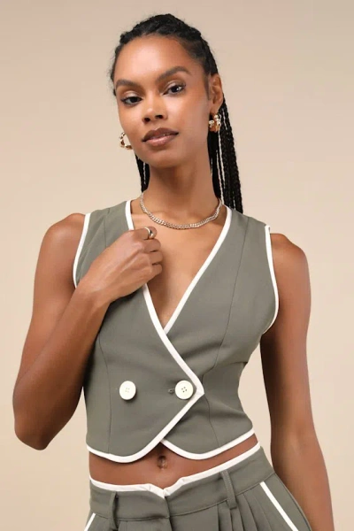 Lulus Composed Aesthetic Olive Green Color Block Twill Vest