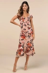 Lulus Composed Beauty Blush Pink Burnout Velvet Floral Midi Dress In Blush Pink