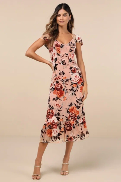 Lulus Composed Beauty Blush Pink Burnout Velvet Floral Midi Dress