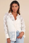 LULUS COMPOSED CONCEPT IVORY BURNOUT CLIP DOT OVERSIZED BUTTON-UP TOP