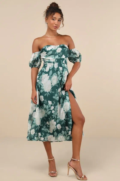 Lulus Composed Delight Green Floral Off-the-shoulder Midi Dress