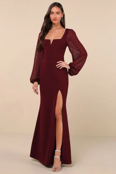Lulus Composed Elegance Burgundy Balloon Sleeve Mermaid Maxi Dress
