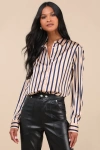 LULUS COMPOSED ESSENCE TAN AND BLUE STRIPED SATIN BUTTON-UP TOP
