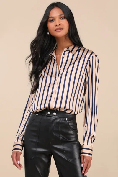 Lulus Composed Essence Tan And Blue Striped Satin Button-up Top