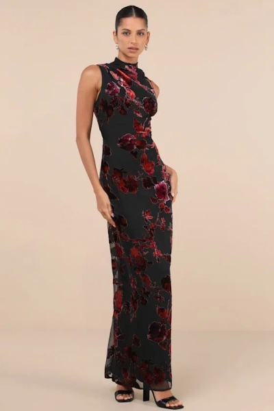 Lulus Composed Glamour Black Burnout Velvet Mock Neck Maxi Dress