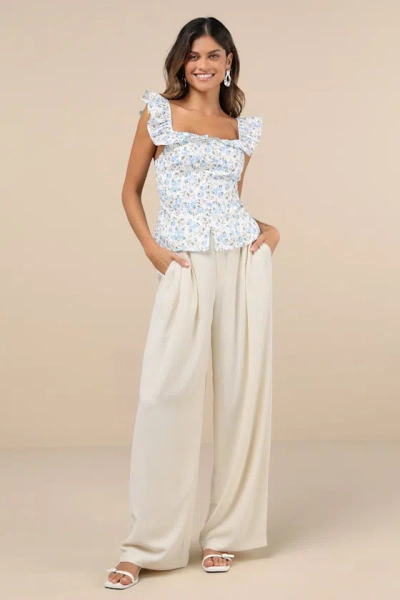Lulus Composed Persona Cream Textured Pleated High-rise Wide-leg Pants In White