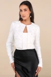 Lulus Composed Poise White Applique Floral Beaded Cropped Jacket In White