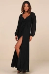 Lulus Composed Soiree Black Twist-front Long Sleeve Maxi Dress In Black
