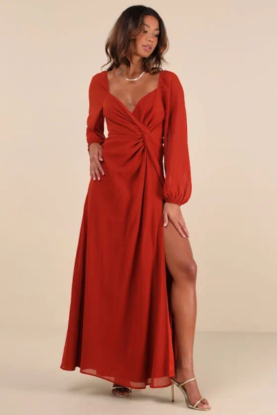 Lulus Composed Soiree Rust Orange Twist-front Long Sleeve Maxi Dress