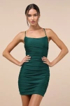 Lulus Confident Allure Emerald Ruched Lace-up Bodycon Mini Dress In Green