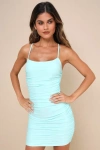 Lulus Confident Allure Mint Green Ruched Lace-up Bodycon Mini Dress In Mint Green