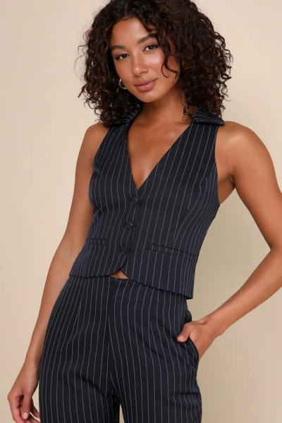 Lulus Confident Appeal Navy Blue Pinstripe Collared Vest Top