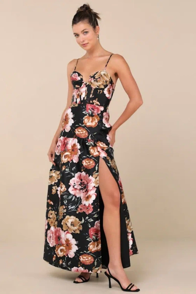 Lulus Confident Delight Black Floral Tiered Bustier Maxi Dress