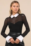 Lulus Confident Essence Black And White Mesh Long Sleeve Bodysuit In Black And White
