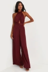 Lulus Confident Impression Burgundy Satin Pleated Halter Jumpsuit In Burgundy