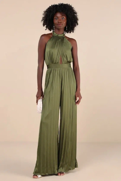 Lulus Confident Impression Olive Green Satin Pleated Halter Jumpsuit
